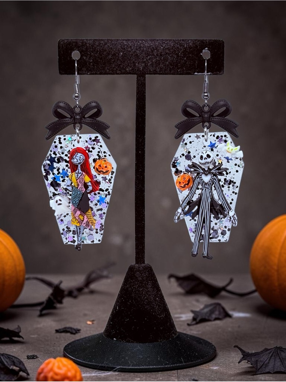 Hand-Painted Halloween Coffin Dangle Earrings with Jack Skellington & Sally